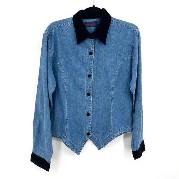 GIORGIO SANT'ANGELO Vintage Denim Velvet Long Sleeve Button Up Western Top Large